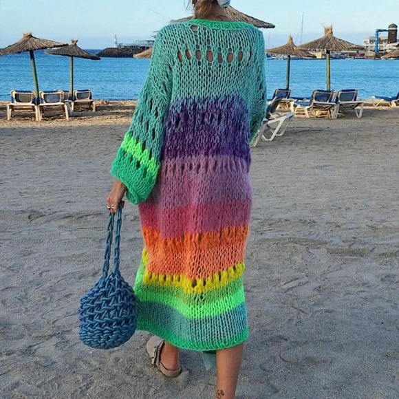 Sweaters - Multicolor Boho Women's Handknitted Bell Sleeve Crochet Kimono Cardigan